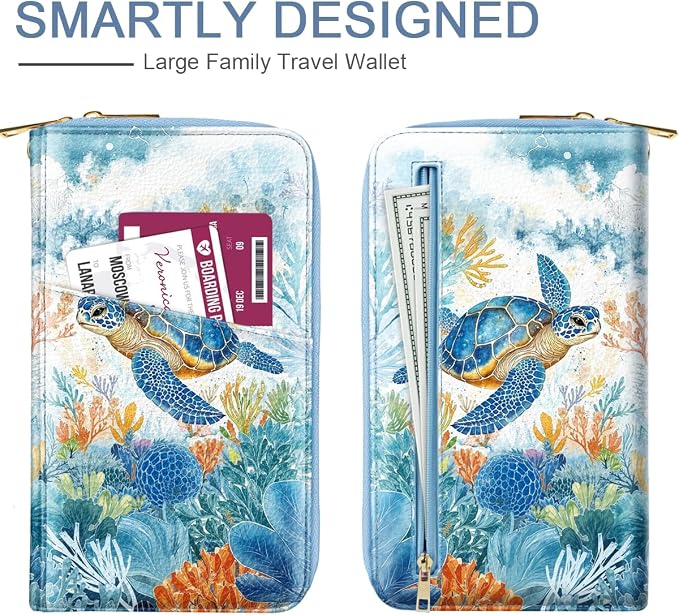 Family Passport Holder Wallet RFID Blocking Document Organizer | PU Leather Mulit-purpose Travel Wallet Credit Cards Case for Women Men, Sea Turtle