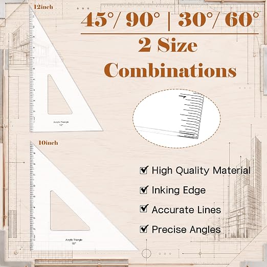 Coopay 2 Pack Triangle Ruler, 30/60 & 45/90, Clear Acrylic, Inking Edge | Drafting Triangle, 12 inch 30/60, 10 inch 45/90 Degree, Technical Drawing Tools, Design, Architect and Engineering, Student