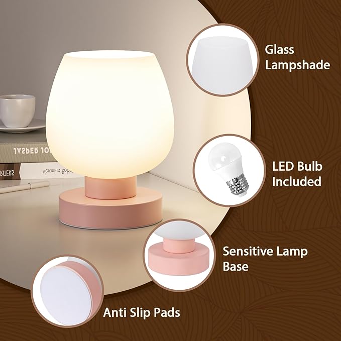 Seealle Pink Touch Table Lamp for Nightstand - Small Bedside Lamp for Bedroom Living Room Night Stands, Desk Lamp with White Glass Shade for Small Spaces, 3 Way Dimmable, LED Bulbs
