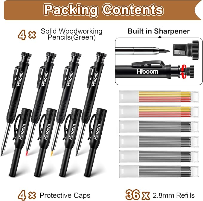 Hiboom 4 Pack Carpenter Pencil with 36 Refills Built In Sharpener (Black) | Concrete Wood Metal, Deep Marking, Multi-Color Refills, 2.8mm Lead, Construction Work, Waterproof, Carpenter Builder DIY