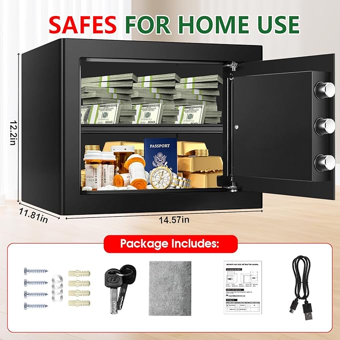 1.8 Cubic Feet Small Fire Safe Box for Home, Fireproof Lock Box, Security Money Safe with Digital Keypad, Spare Keys and Removable Shelf, Personal Home Safes for Money, Jewelry, ID Documents