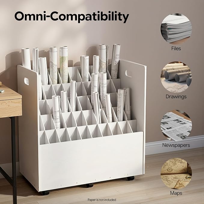 Blue Print Storage Organizer with Wheels, 50 Slots Roll Files Cart, White | Mobile Blueprint Storage Rack Cart, Construction Plan Holder, Map Poster Storage Cabinet for Office Home School