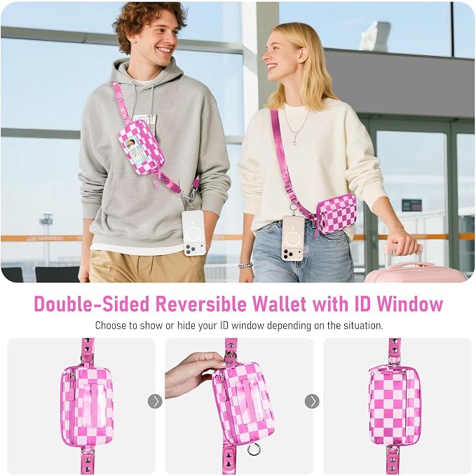 Tiostep Clip and Go Strap for Phone with Wallet Crossbody Phone Lanyard Adjustable and Detachable RFID Wristlet Wallet (Hot Pink Checkered, Large)
