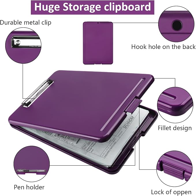 A4 Clipboards, Folder Clipboard with Storage, Folio Plastic Clipboard with Low Profile Clip, File Binder Clipboard Case, Waterproof Nursing Clipboards Foldable Case for Office Work (Dark Gray-Purple)