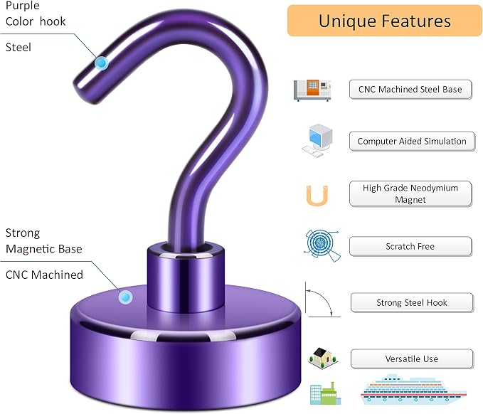 Neosmuk Magnetic Hooks, Heavy Duty 40lb+ Strong Magnet Hook for Cruise Cabins, Cruise Essentials 2026 for Hanging, Metal Wall Refrigerator Hangers (Purple, 10 Pack)