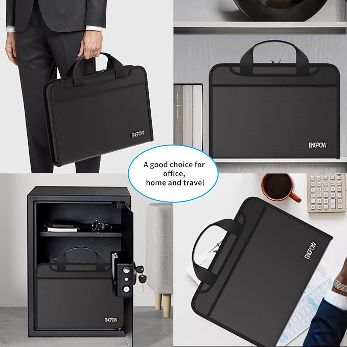 ENGPOW Accordion File Organizer, Fireproof 5200°F Expanding File Folder with 13 Pockets Document Organizer with Handle & Labels, Portable Home Office Travel Safe Storage for Letter A4 Files, Black