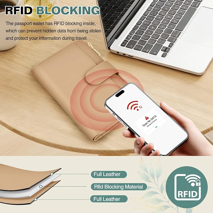 RFID Passport Holder for Travel, Leather Passport Wallet Cover with Airtag | with Airtag Slot, Card Cash Holders, Zippered Coins Pocket, for Women/Men, Gift Box, Travel Essentials, 4.1"L x 1"W x 6.3"H