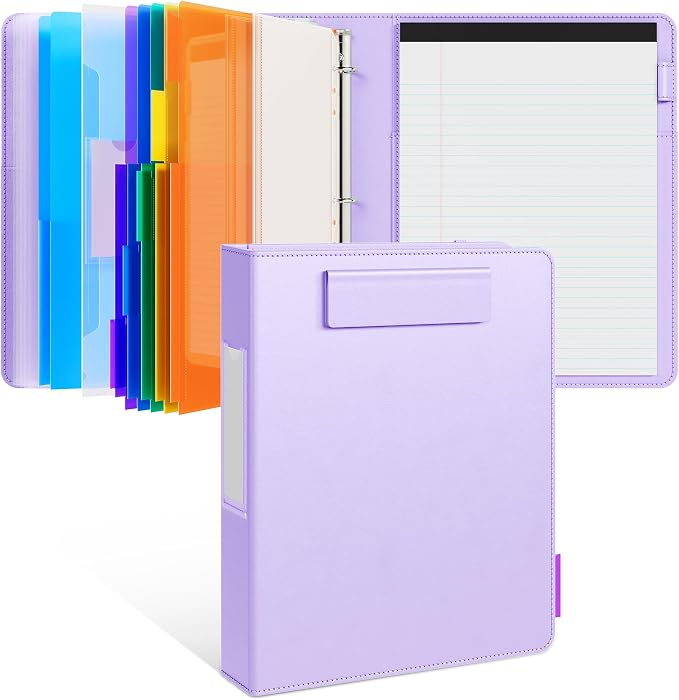 JoyCat 3 Ring Binder Clipboard with Storage, 5 Folders, Purple | 3 ring clipboard portfolio combines five expandable folders, a refillable letter-size notepad and storage