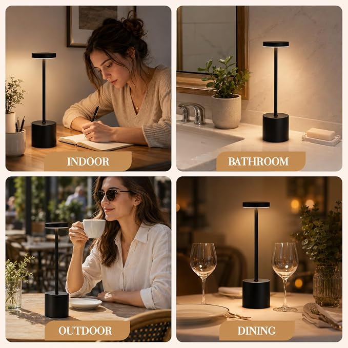 AUDLES Cordless Table Lamp, 5000mAh Rechargeable Lamp with Touch Control & Stepless Dimming, 3 Light Modes, IP54 Waterproof Portable Light for Dining Table, Patio, Bathroom, Power Outage (Black)