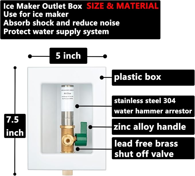(1 Pack) Lidertik 1/2 inch CPVC Connect Pre-Assembled Ice Maker Outlet Box Valve 1/4 inch Recessed Refrigerator Water Line Wall Box with Shut Off Valve and Stainless Steel Water Hammer Arrestor 641