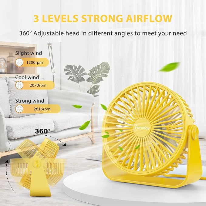 FARADAY USB Desk Fans 5 Inches Portable Table Fans 360° Head Rotation Small Personal Desktop Fan for Home Office, 3 Speeds, Yellow