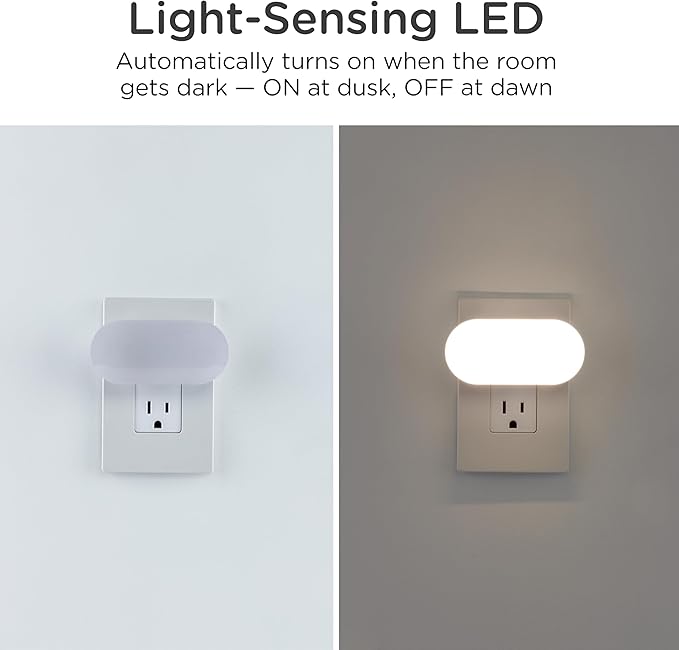 Lights By Night Bright LED Night Light Plugs Into Wall with Dusk to Dawn Sensor, Adjustable & Dimmable Up to 100 Lumens, Compact Nightlight for Bedroom Bathroom Hallway Kitchen Nursery, 2-Pack