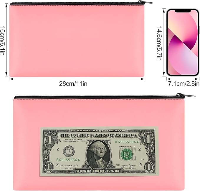 4Pack Money Bag 11 X 6" - Safe Durable Waterproof PU Leather Bank Pouch With Zipper for Cash, Coins, Checks, Makeup, Bills, Receipts, Tool Storage (Pink)
