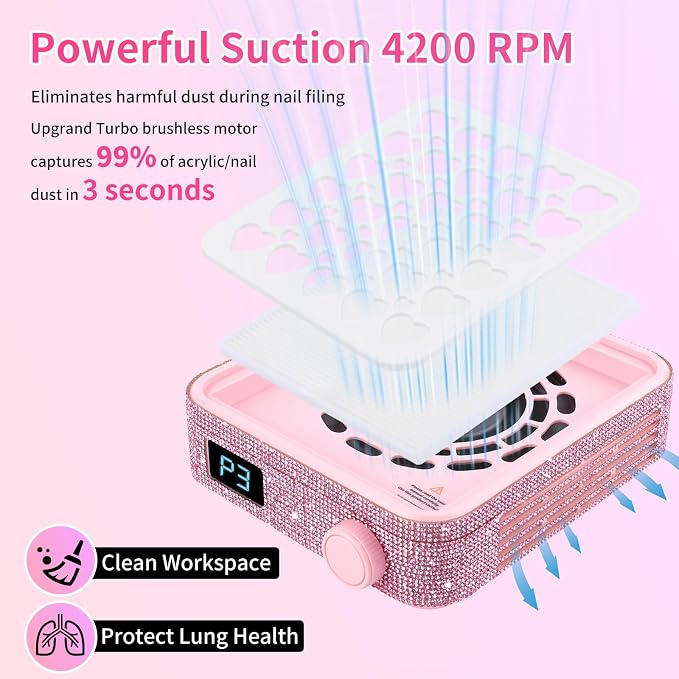 BQAN Portable Nail Dust Collector with 4200RPM Fan Pink Rhinestones | 10pcs Filter Papers Include & Nail Brush | Strong Suction | Adjustable Speed | For Acrylic & Gel | Professional & Home Use