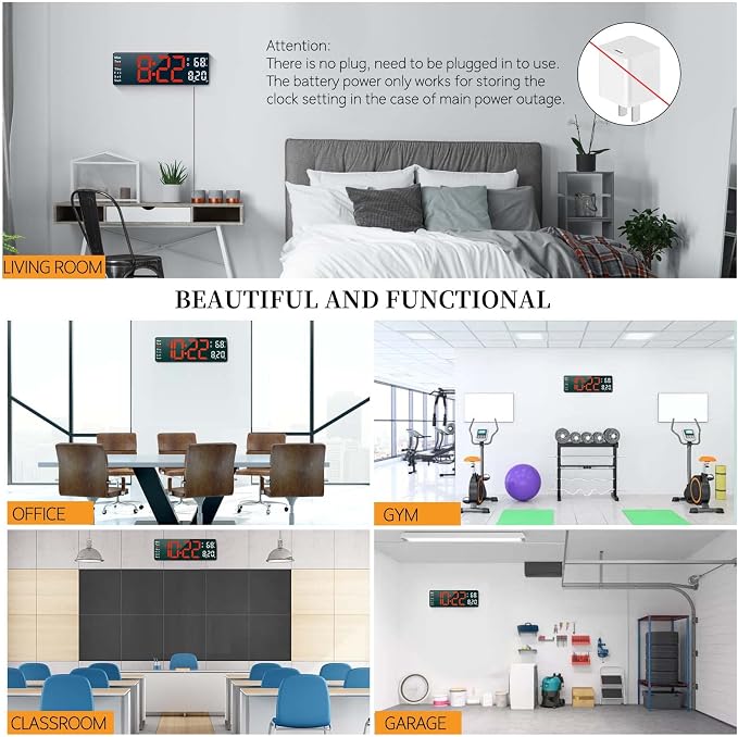 Digital Clock, Digital Wall Clock for Living Room Decor, Desk Alarm Clock for Bedroom, Large Wall Clock with Remote Control, Automatic Brightness Dimmer LED Clock with Date Temperature Week (Red-B)