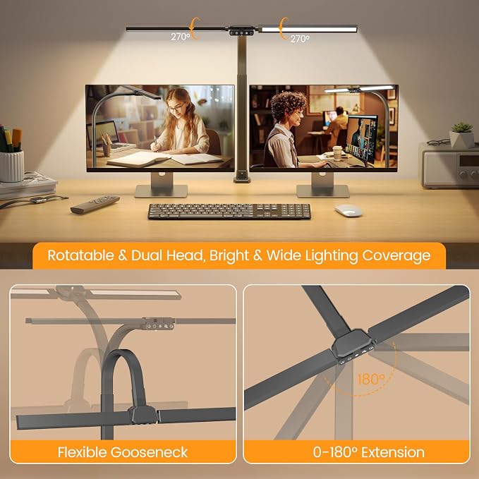 Upgraded Desk Lamp for Home Office - Dimmable Computer Desk Light with Remote, Modern Architect Task Lamp with Color Changing, Flexible Desktop Lamp with Gooseneck for Monitor, Double Head