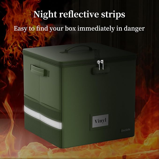 DocSafe Vinyl Record Storage Box with Lock, Fireproof＆Water Resistant Record Organizer for 100+ Single Records(12-inch), Collapsible Storage Crate with Lid&Handles for Valuable Album Collection,Green