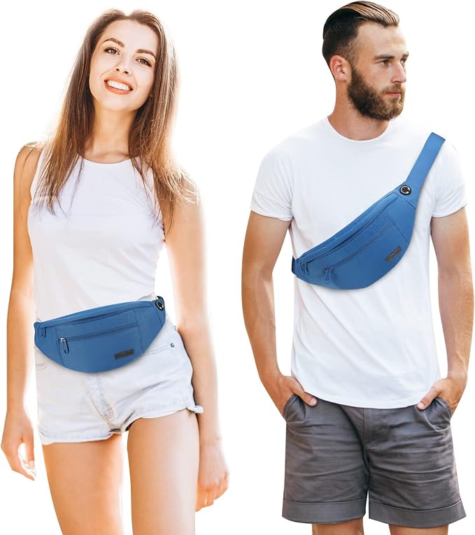 Large Blue Crossbody Fanny Pack for Women Men Belt Bag Fit All Phones | 4-Zipper Pockets,Nylon,Fashion,Gifts for Enjoy Sports Yoga Running Workout Walking Casual