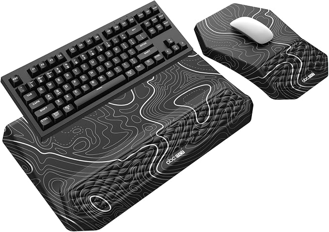 3-in-1 Ergonomic Keyboard Stand with Wrist Rest & Mouse Pad Set,Topographic | Comfy Keyboard Riser Holder Soft Mousepad with Massage Design, Memory Foam and Non-Slip PU Base for Pain Relief