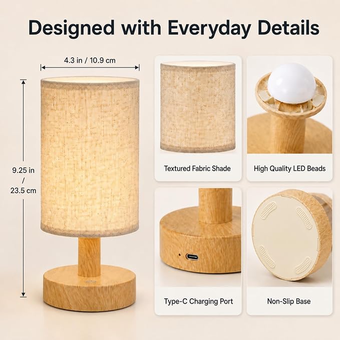 Mini Cordless LED Night Light, Rechargeable Touch Control Bedside Lamp | Portable Minimalist Table Lamp, 3 Color Modes, Stepless Dimmable, Built-in 4000mAh Battery, Decor for Bedroom & Living Room