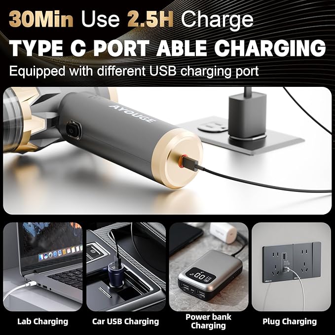 Car Vacuum Portable Cordless, 20000PA High power Vacuum Cleaner , Brushless Motor, 3-Speed Modes, 4 in 1 Compressed Air Duster, Air Blower, Pump HandHeld Vacuum for Car, Home, Office, Camping - Grey