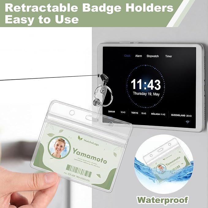 2 Pack ID Badge Holder with Badge Reels Retractable Clip Heavy Duty Horizontal Clear ID Card Badge Holders for Work Office Student Nurse