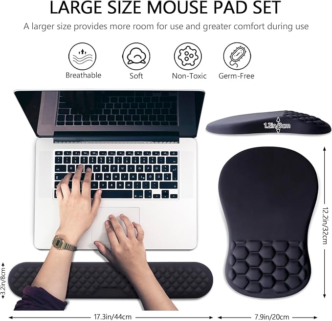 Ergonomic Mouse Pad Wrist Support, 2 in 1 Keyboard Wrist Rest Set | Memory Foam, 15° Ergonomic Slope, Massage Bead Design, Non-Slip PU Base, Lycra Fabric, for Office & Gaming,Black