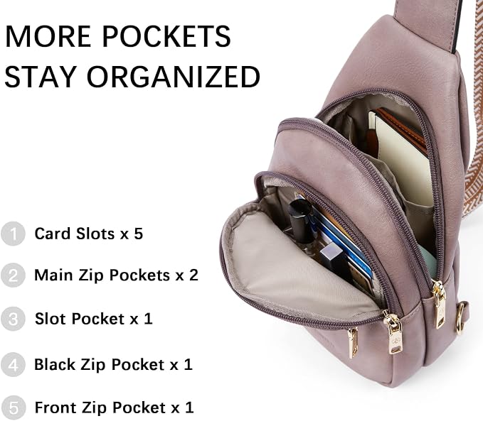 BOSTANTEN Sling Bag for Women Leather Crossbody Bags Fanny Pack Chest Bag for Travel | Adjustable Wide Strap, Small, Anti Theft, Lightweight, Multi Pockets and Carrying Way, Card Slot, Cute Trendy for Everyday