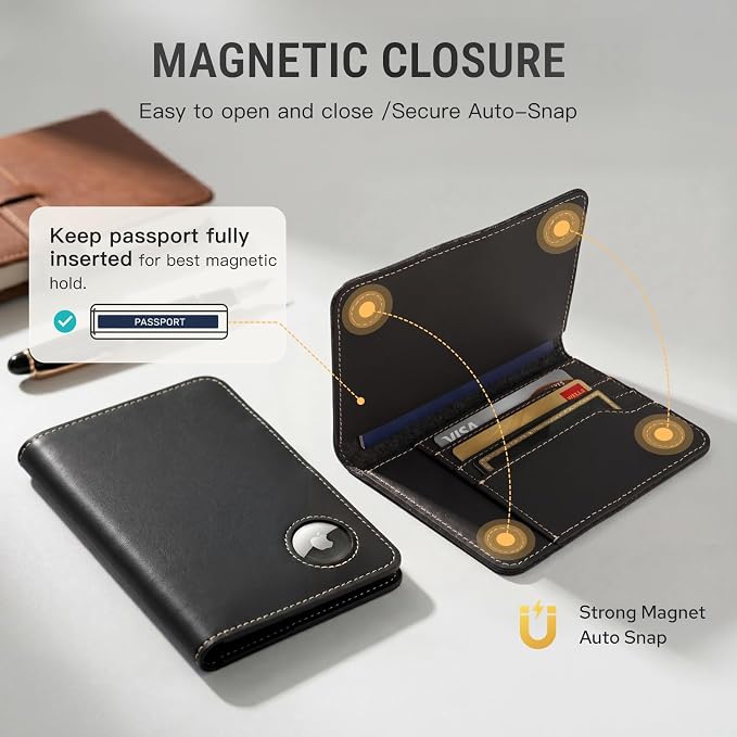 ALLIVE Passport Holder for Travel, Genuine Leather Passport Holder with AirTag Slot, Magnetic Closure, RFID Blocking Passport Cover Travel Wallet for Women Men