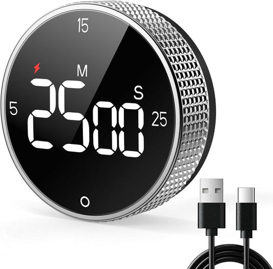 Rechargeable Magnetic Kitchen Timer for Cooking, Building 800mAh Battery Large Display Digital Countdown Countup Timer, 3 Preset 5/15/25 Mins Loud Alarm for Baking Grilling Studying - Silver
