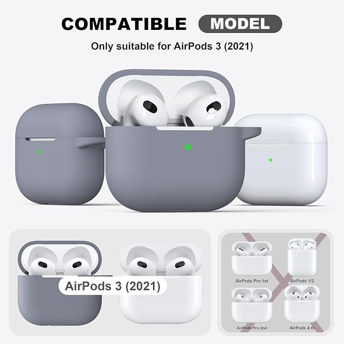 R-fun Compatible with AirPods 3 Case Cover, Silicone Protective Accessories Skin with Keychain Compatible with Apple AirPod 3rd Generation 2021 for Women Men Girls Boys,Front LED Visible,Dark Grey