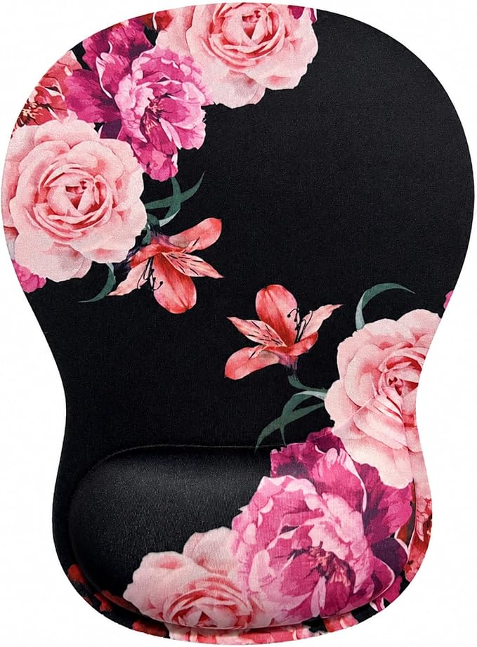 Mouse Pad with Wrist Rest Ergonomic Memory Foam Support, Non-Slip Rubber Base, Comfortable Typing Cushion for Home Office Computer Laptop, Flowers Pink