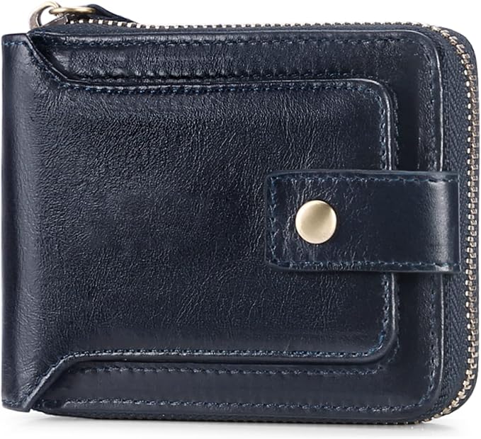 GOIACII Zipper Wallet for Men Genuine Leather RFID Blocking Mens Wallet with Zipper Coin Pocket ID Window Zipper Wallets Large Capacity