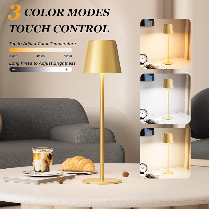 Kakanuo Cordless Table Lamp Rechargeable Gold - 4 Pack Battery Operated Lamp for Dining Table, 3 Color Stepless Dimming Wireless Lamp for Counter, Outdoor Patio, Touch Control