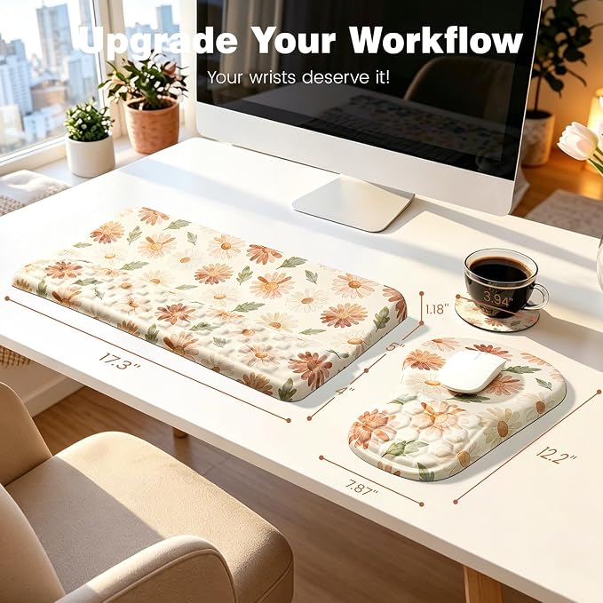 Ospelelf Keyboard Wrist Rest and Mouse Pad Set, Ergonomic Memory Foam Wrist Support, Aesthetic Desk Accessories for Office, Home & Gaming, Relief for Carpal Tunnel & Wrist Pain, Daisy