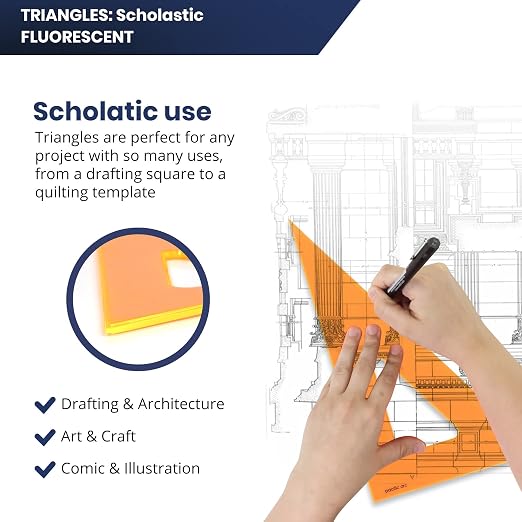 Pacific Arc's Scholastic Triangle - 6 inch - Fluorescent - 30/60 Angle - Polystyrene - Inking Edge - Technical Drawing Tools, Drafting, Architect and Engineering.
