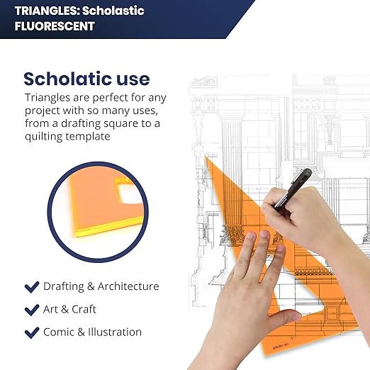 Pacific Arc's Scholastic Triangle - 8 inch - Fluorescent - 30/60 Angle - Polystyrene - Inking Edge - Technical Drawing Tools, Drafting, Architect and Engineering.