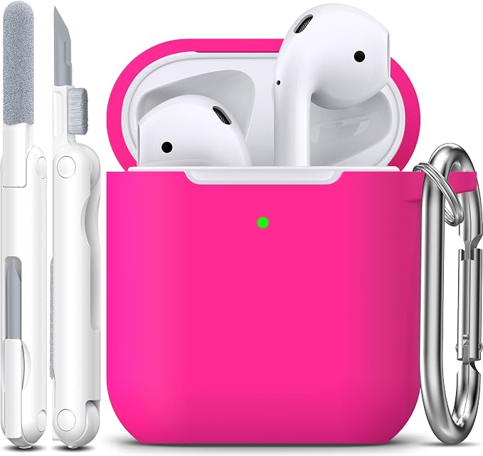 for AirPods 1/2 Case, Soft Silicone Protective Cover with Keychain and Cleaning Pen, Compatible with AirPods 2nd/1st Generation (2016/2019), Full Drop Protection Cover, Rose Pink