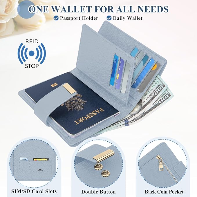 BKNOOU RFID Blocking Passport Holder with Airtag Slot- Leather Travel Passport Wallet for Women & Men, Slim Bifold Travel Passport Holder Holds Cards & Tickets & Cash (Blue)