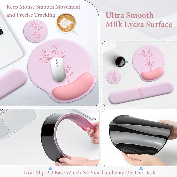 3 in 1 Ergonomic Mouse Pad and Keyboard Wrist Rest with Coaster Set-Pink | Cute Large Mousepad with Gel Wrist Support for Gaming Computer Laptop Women Office Home Desk Decor