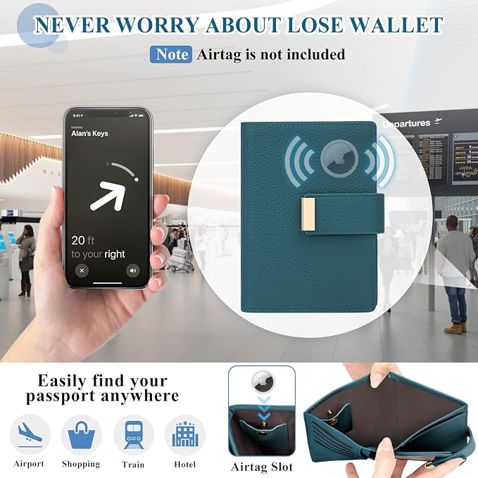 BKNOOU Slim Passport Holder RFID Blocking for Man & Women, Small Passport Holder with Airtag for Travel Compact Leather Passport Wallet Airtag, Zipper Coin Pocket Passport Cover Holder Card, Cash