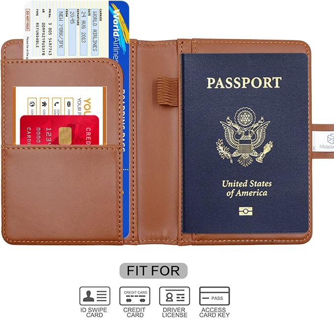 Melsbrinna Premium Leather Passport Holder Covers Case, Waterproof Rfid Blocking Travel Wallet Passport Holder with Pen Holder, Cute Passport Book for Women/Men