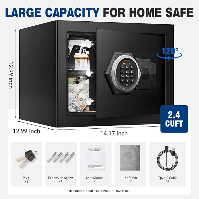 2.4 Cu Ft Large Home Safe Box, Fire Proof Safe with Type-C Port | Steel Security Box with Digital Electronic Keypad, Removable Shelf, Safety Lock Box for Office Documents Money Jewelry Gun
