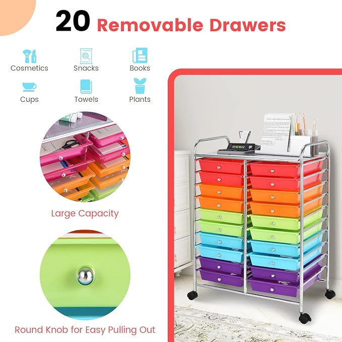 COSTWAY 20-Drawer Rolling Storage Cart, Utility Storage Organizer Cart | For Tools, Scrapbook, Paper, Craft, Multipurpose Storage Trolley on Wheels for Home Office School (Multicolor)