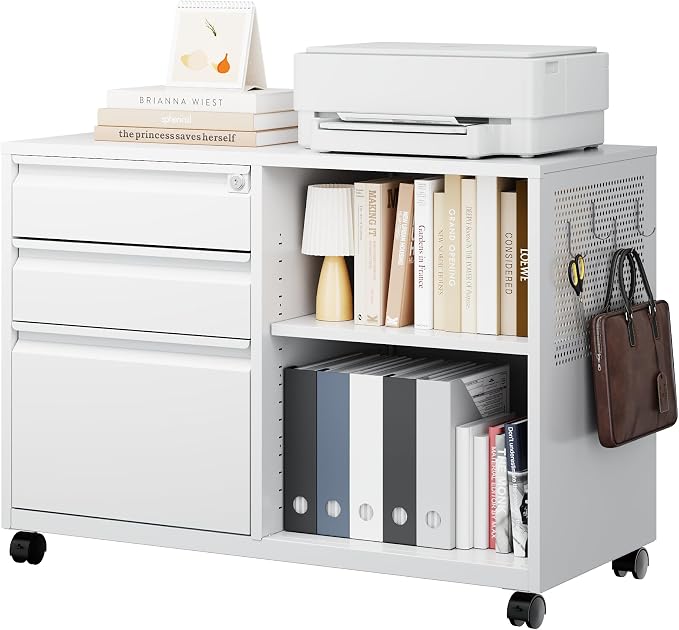 Mobile 3 Drawer File Cabinet with Lock-Metal Lateral Rolling Printer Stand Filing Cabinets for Home Office-Storage A4/F4/Letter (White)