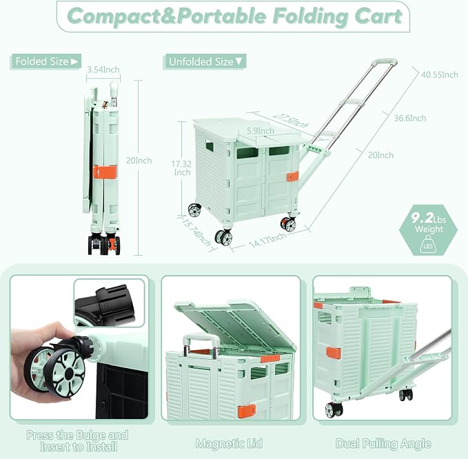 FELICON SELORSS Folding Utility Cart Portable Rolling Crate Handcart-Green | Adjustable Handle+Extended Magnetic Lid,Storage Basket Box,4 Swivel Wheels Tote for Teacher Move Shop Travel Grocery Office