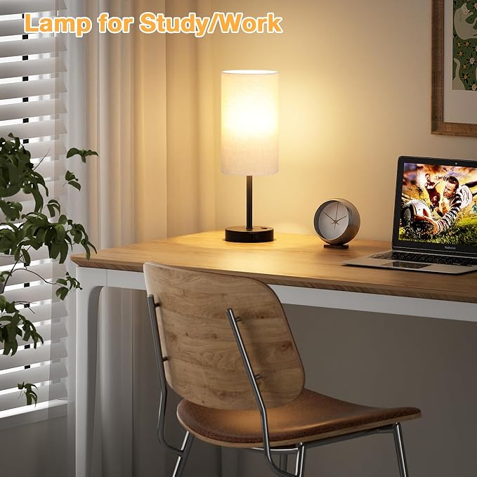Dicoool 17.4" Bedside Lamp for Bedroom - Dimmable Touch, USB A+C, AC Outlet | LED Bulb Included, 3-Way Dimmable, 17.4" Table Lamp for Living Room, Dorm, Beige Fabric Lampshade, Black Metal Base
