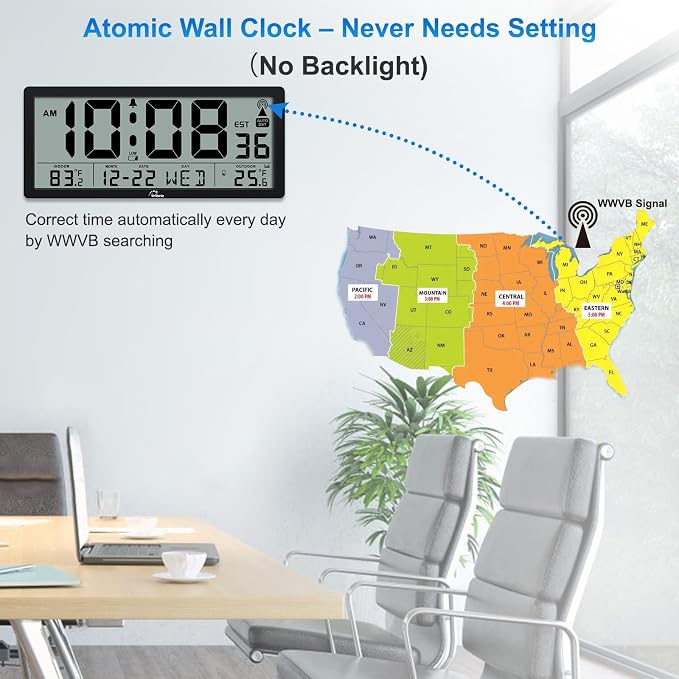 WallarGe Atomic Clock with Indoor Outdoor Temperature - Easy to Read - Self Setting, 14.5'' Jumbo Auto Set Digital Wall Clock Battery Operated