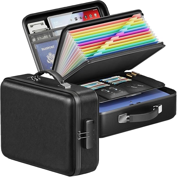 novelinks Fireproof Document Box with Lock, Hard-Shell Portable Waterproof File Box, Travel Accordion File Folder, Home Office Safe File Organizer for Important Documents, Laptop, Passports, Black