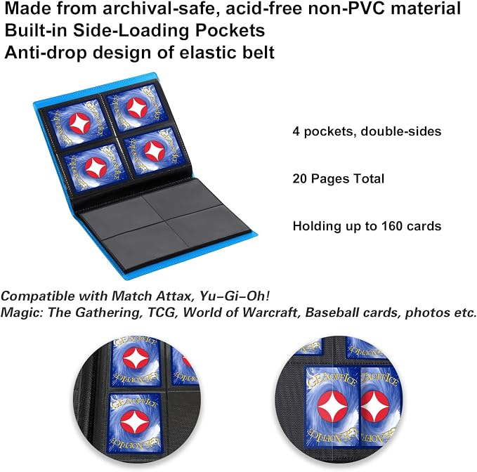GEAoffice 4 Pocket Binder - Small Size Trading Card Collection Album Folder - 160 Side Loading Pocket Binder for TCG, MTG, Sports&Game Cards - Gifts for Card Collectors (Light Blue)